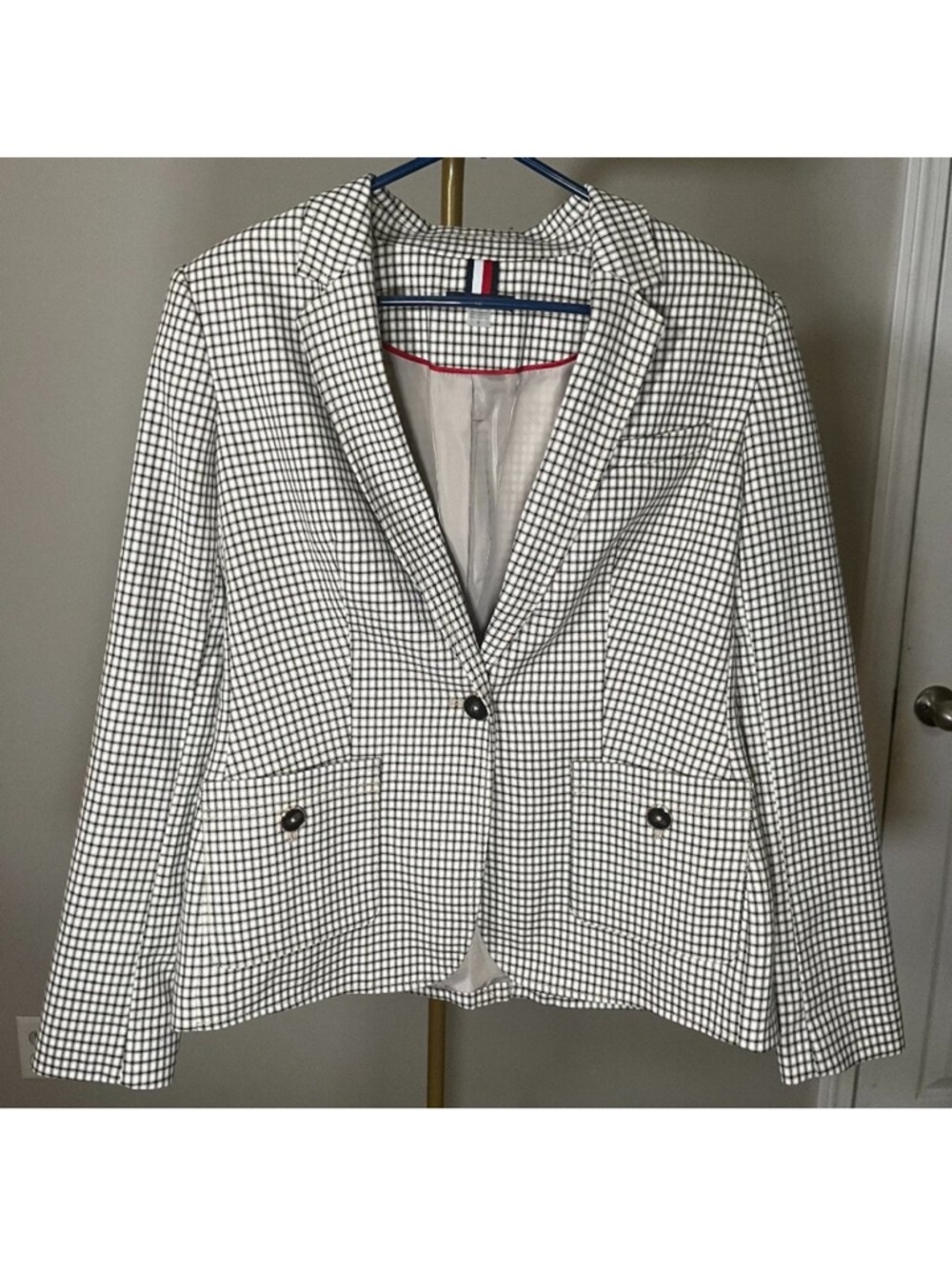Tommy Hilfiger Check Blazer Women’s 12 (Fits M) Black White Preppy Career Jacket